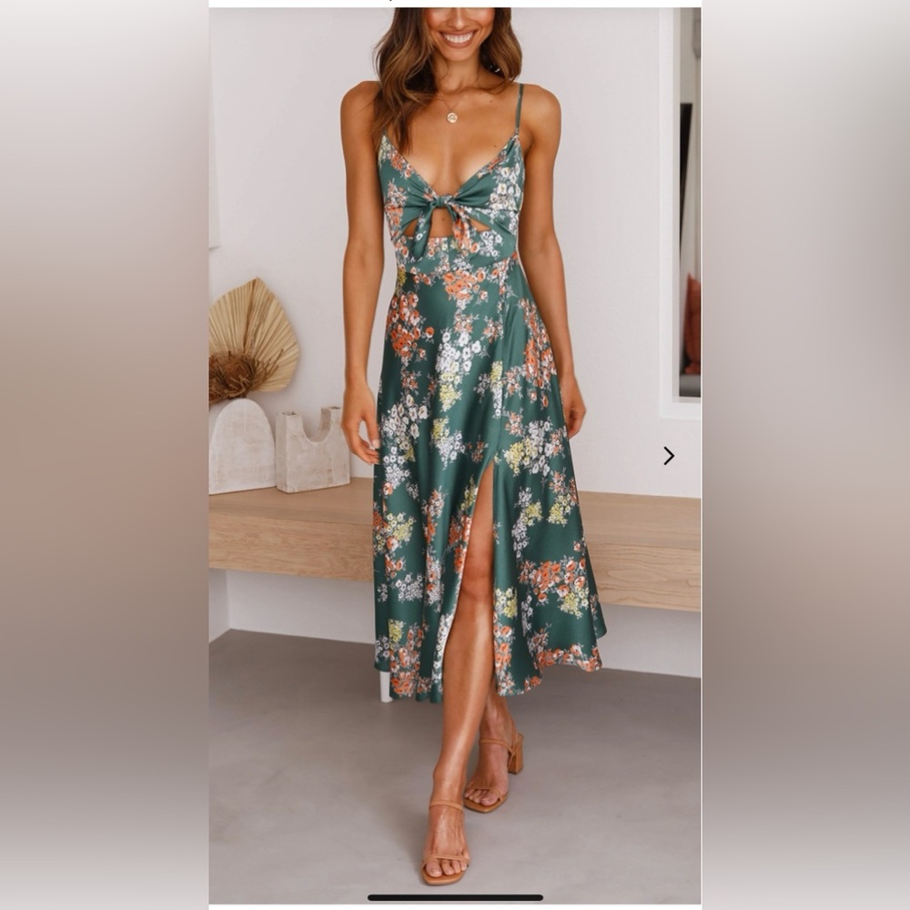 Satin Floral Split Chest Knot Cutout Midi Dress